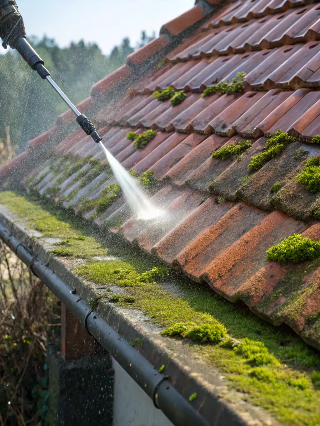A roof covered in moss and algae being treated with a gentle pressure washing technique, demonstrating the care and effectiveness of Premier Wave's roof cleaning service.