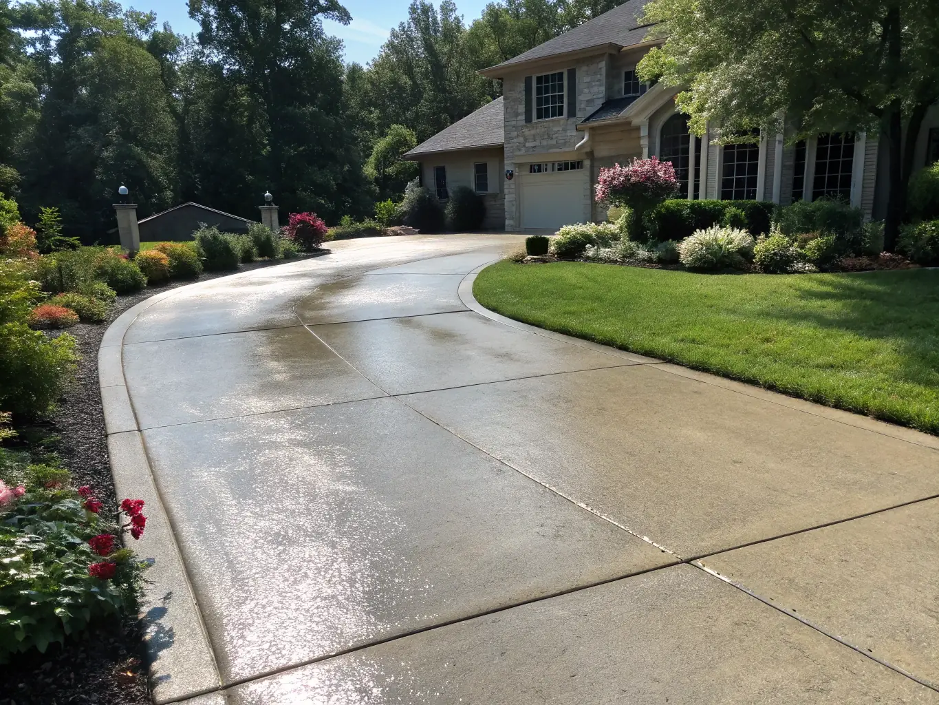 A clean concrete driveway after pressure washing, highlighting the removal of stains and grime.