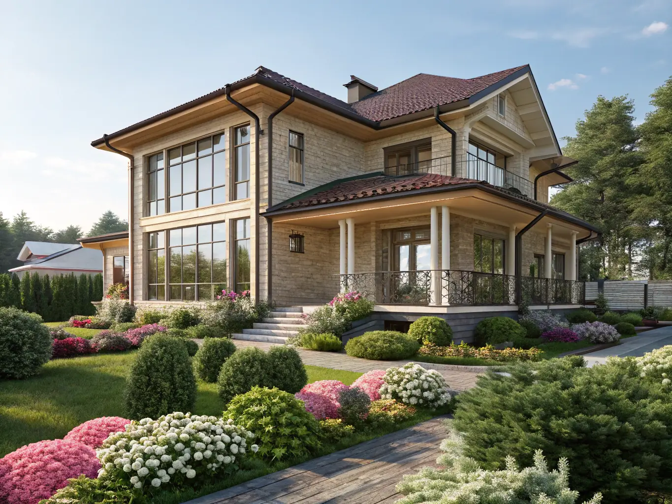 A clean, freshly washed house with vibrant siding and a well-maintained yard, showcasing the effectiveness of Premier Wave Pressure Washing's house washing service.