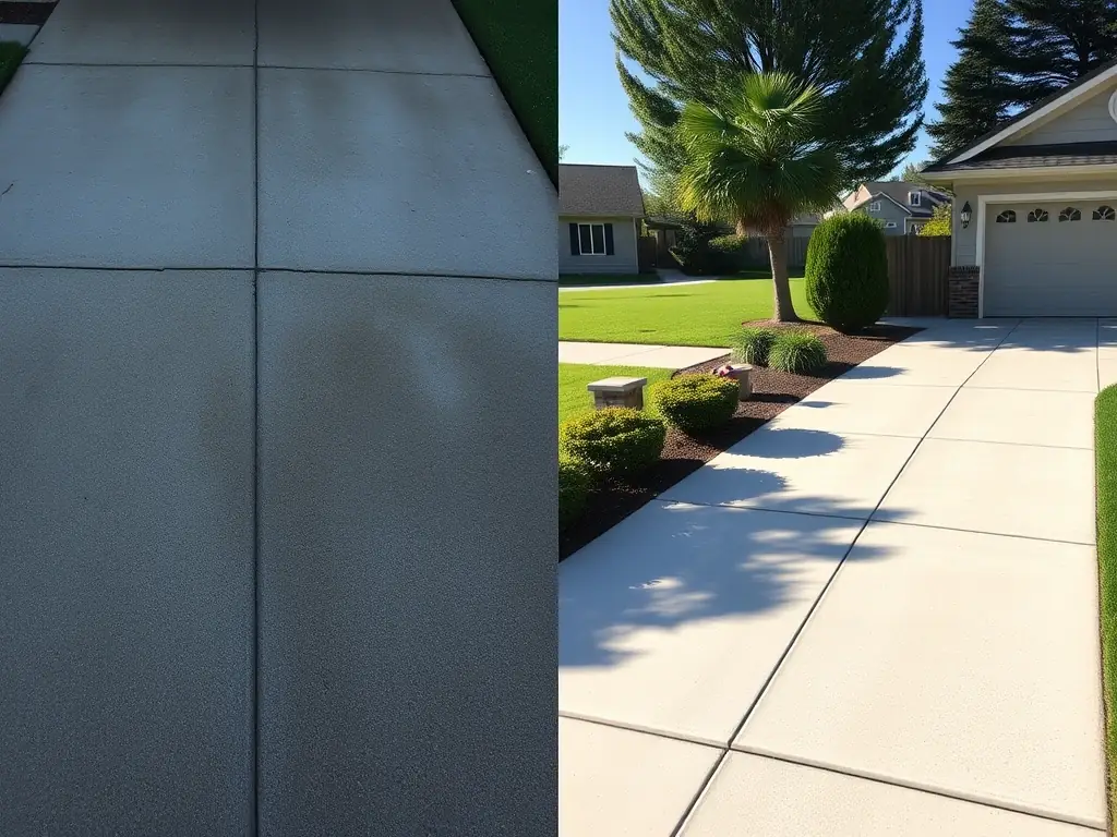 A before-and-after shot of a stained driveway transformed into a clean, bright surface, demonstrating the power of Premier Wave Pressure Washing's concrete cleaning.