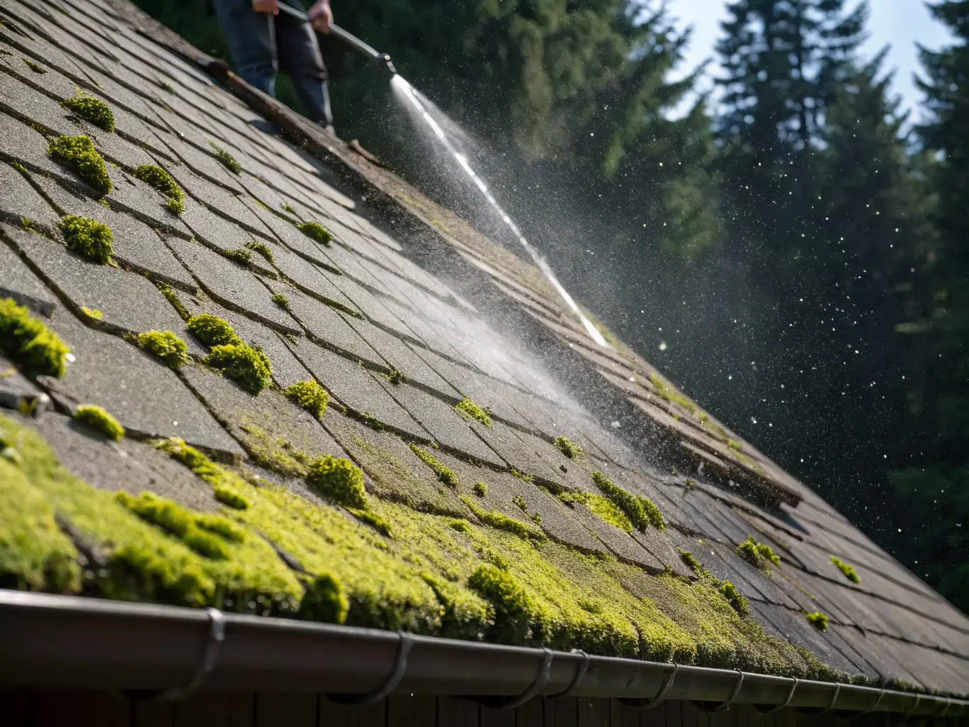 A roof being cleaned with a pressure washer, removing moss and algae.