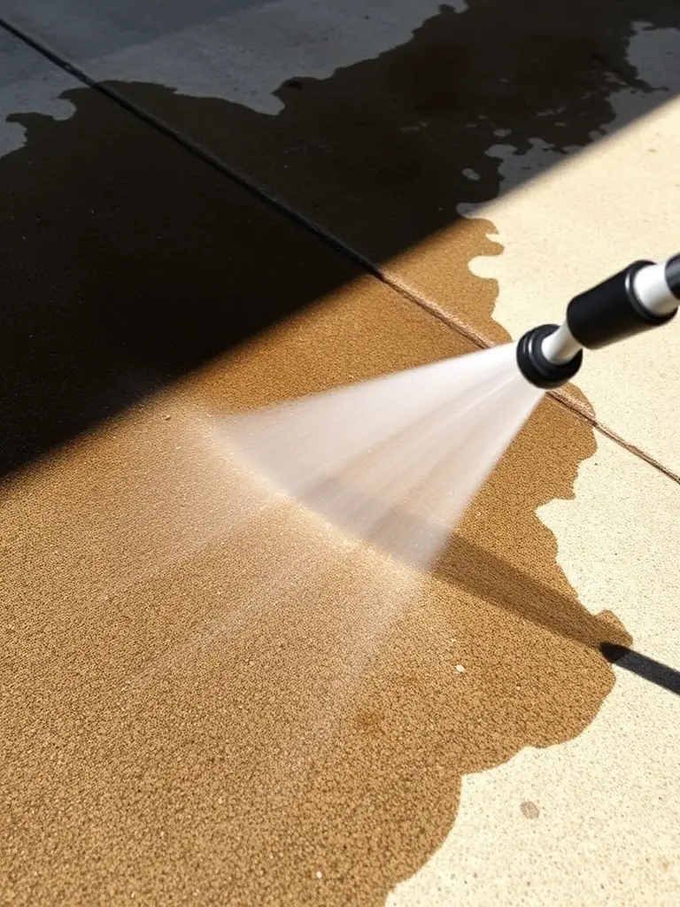 A dirty concrete driveway with visible stains being cleaned with a pressure washer, highlighting the transformation and the removal of stubborn stains by Premier Wave.
